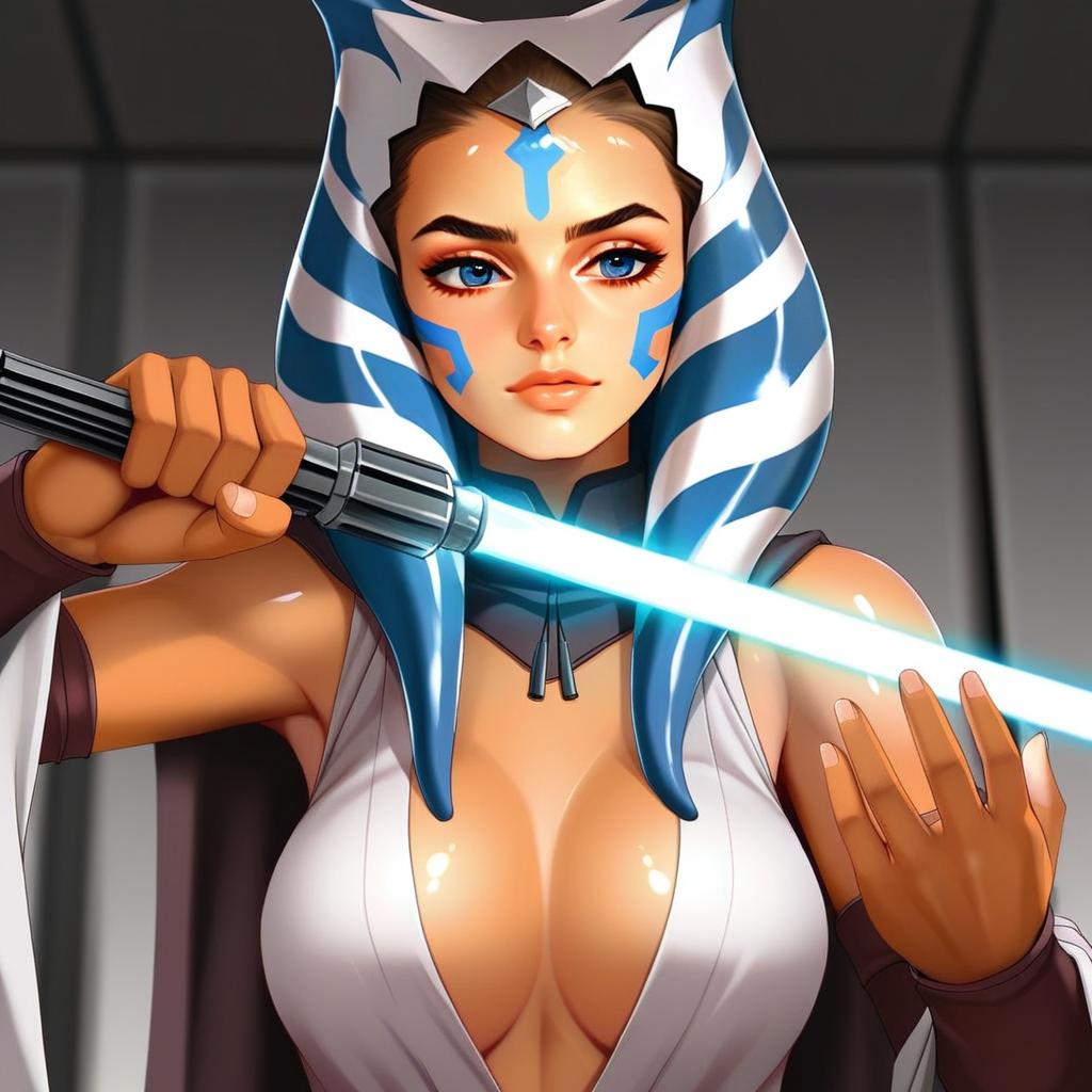 Futuristic Woman with Blue Lightsaber Digital Art Inspired by Star Wars