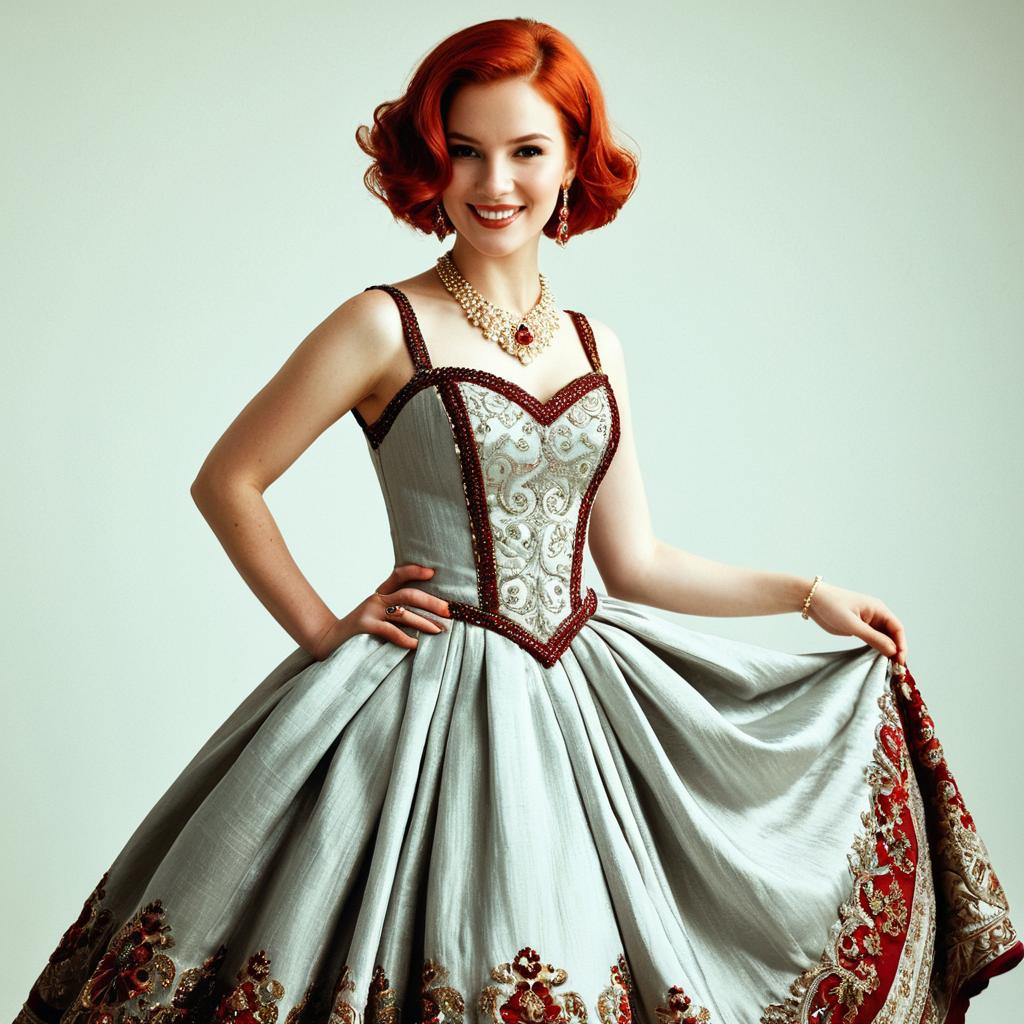 Elegant Red-Haired Woman in Embroidered Vintage Ball Gown