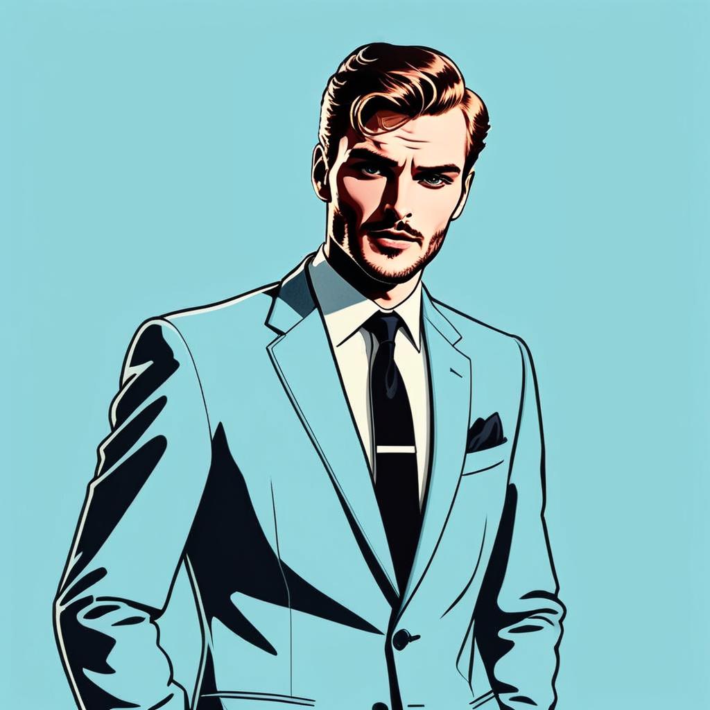 Stylish Man in Light Blue Suit Comic Art Illustration