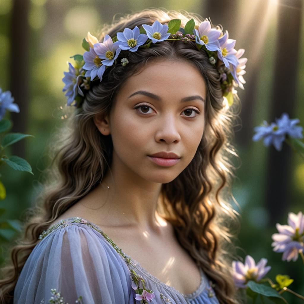 Young Woman in Floral Crown in Serene Forest