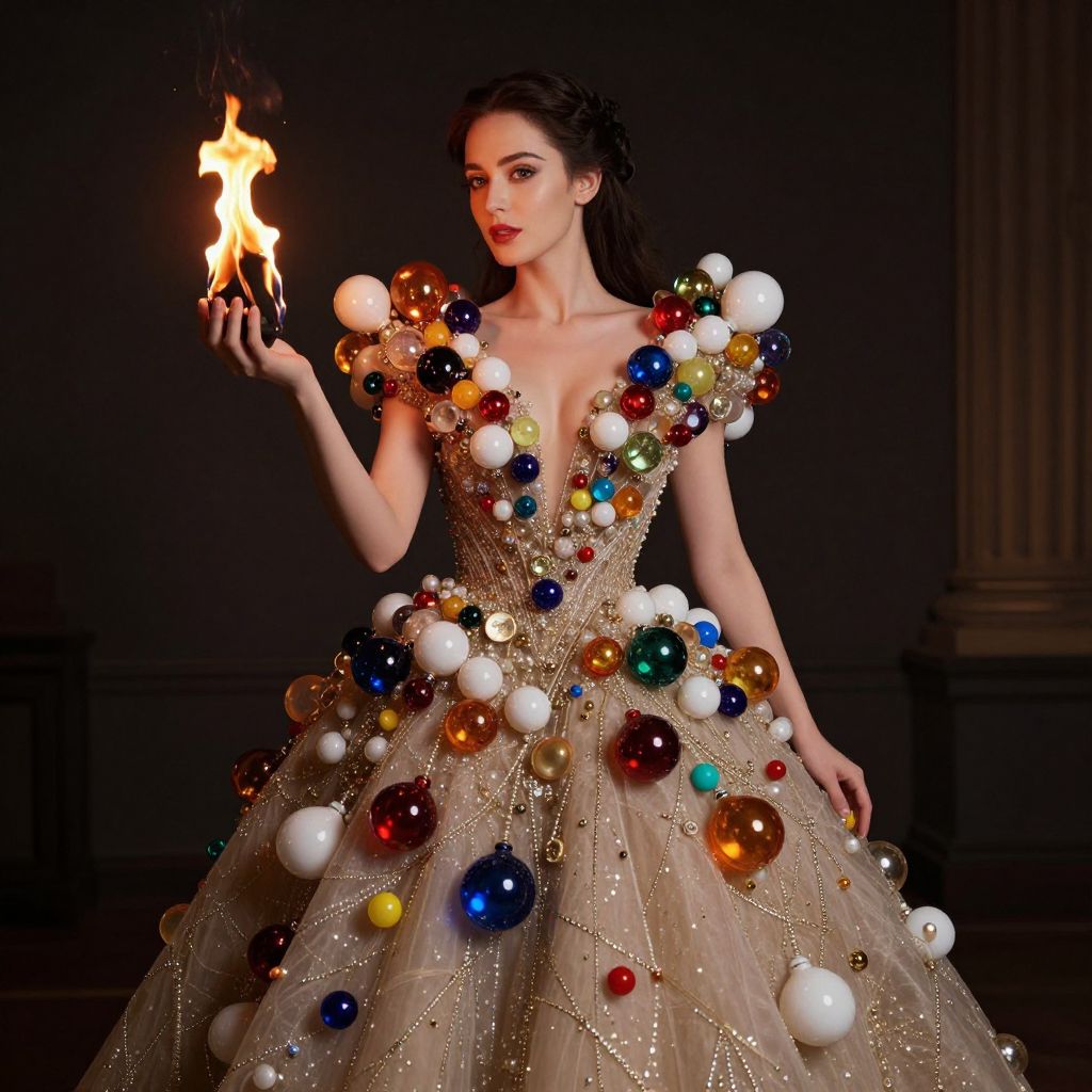 Elegant Woman in Avant-Garde Ornamented Ball Gown Holding Fire