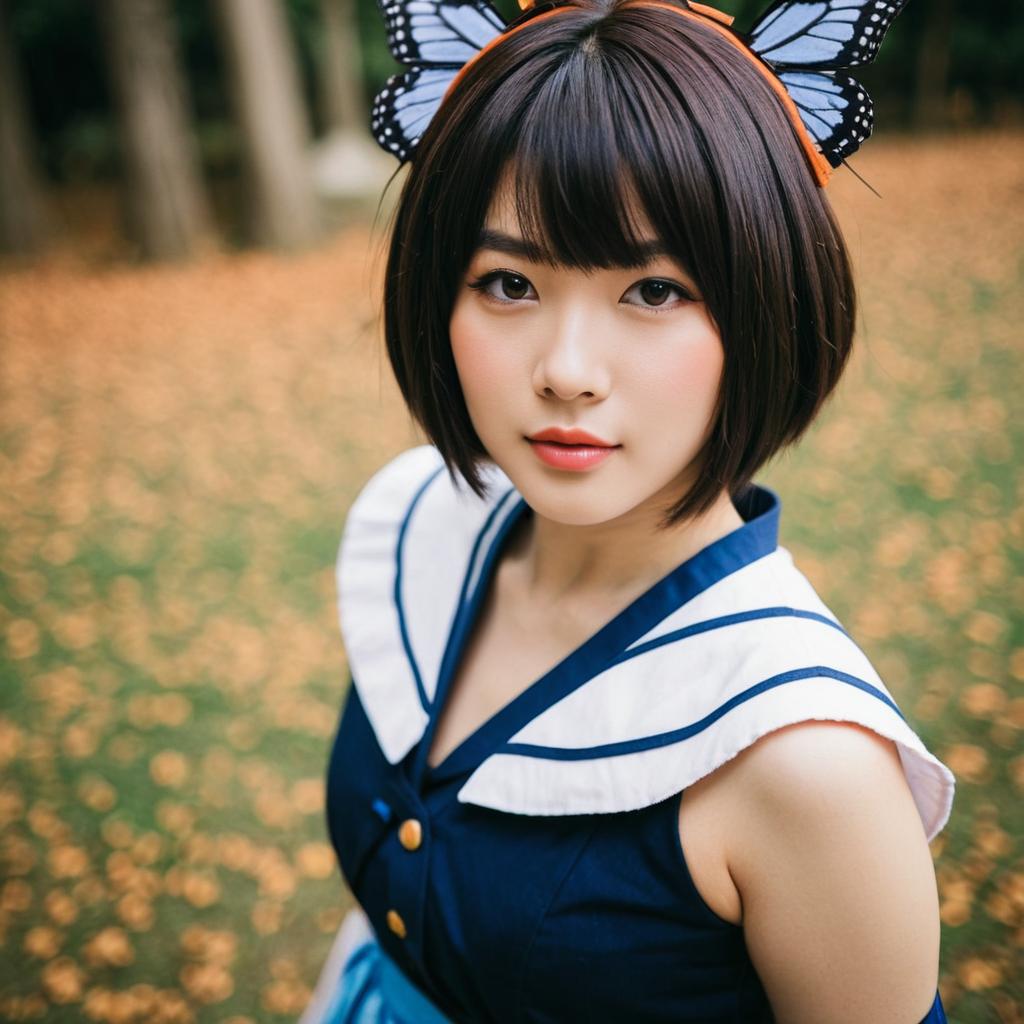 A Young Woman in Navy Sailor Outfit with Butterfly Hair Accessory Outdoors