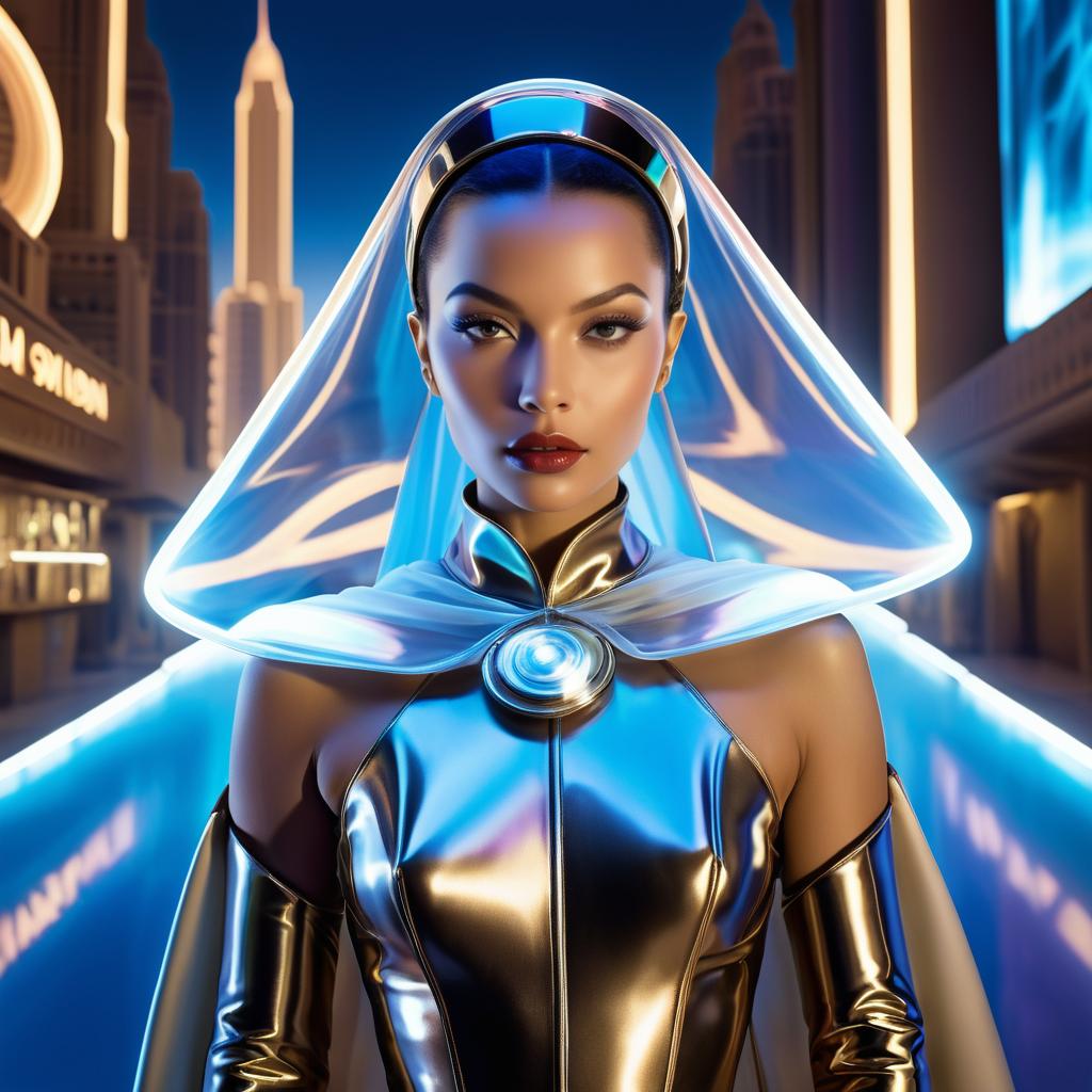 Futuristic Woman in Metallic Outfit with Neon Cityscape