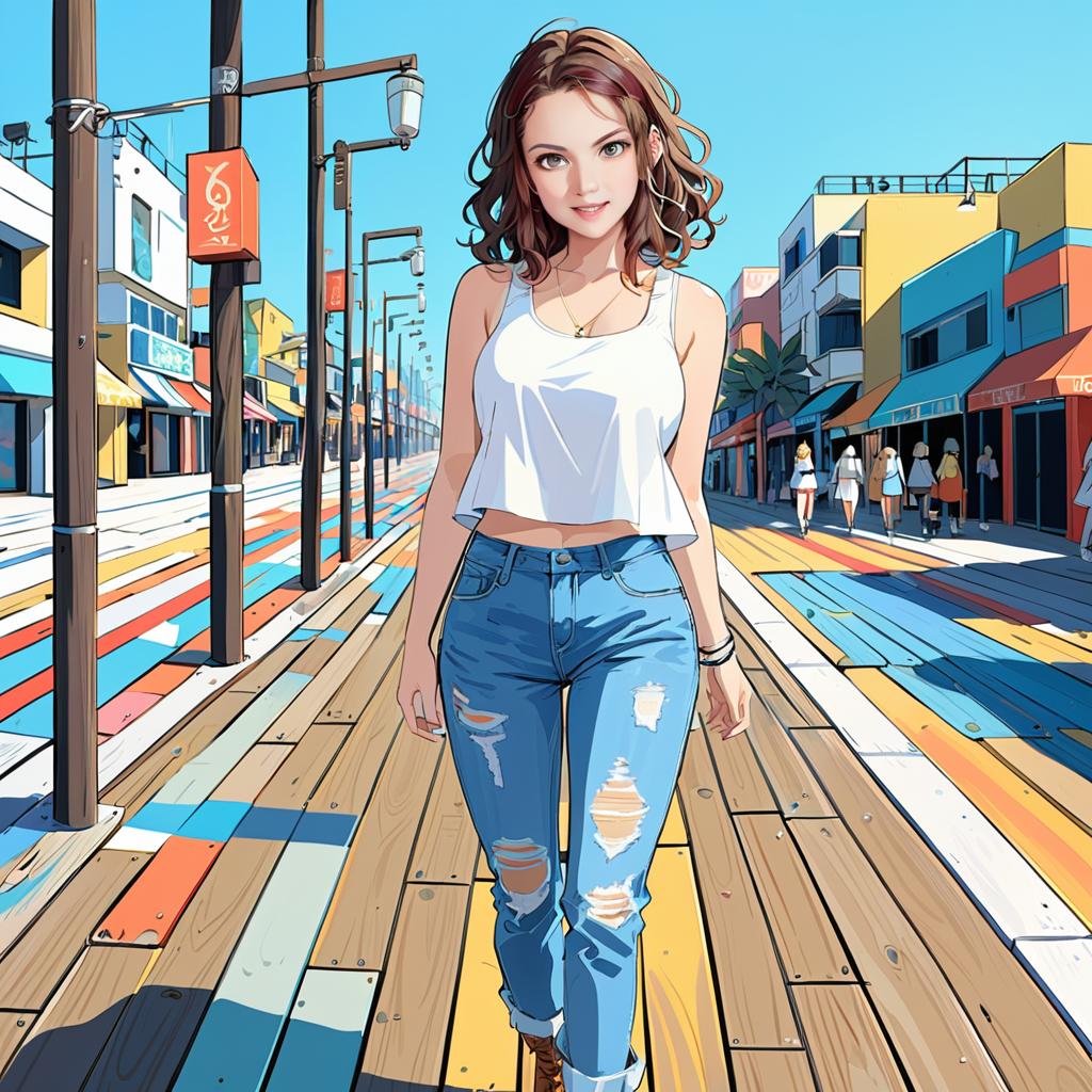 Anime-style young woman in trendy outfit on colorful street