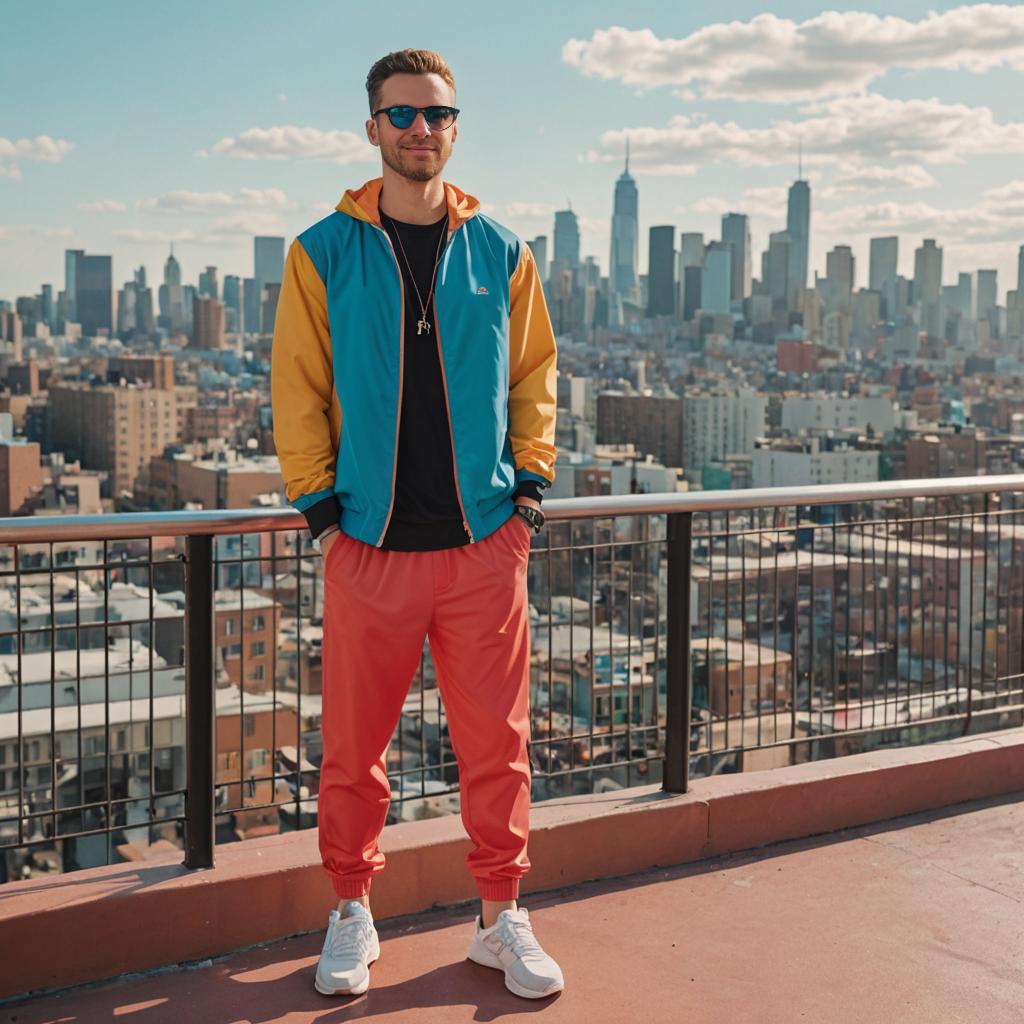 Stylish man on rooftop with city skyline