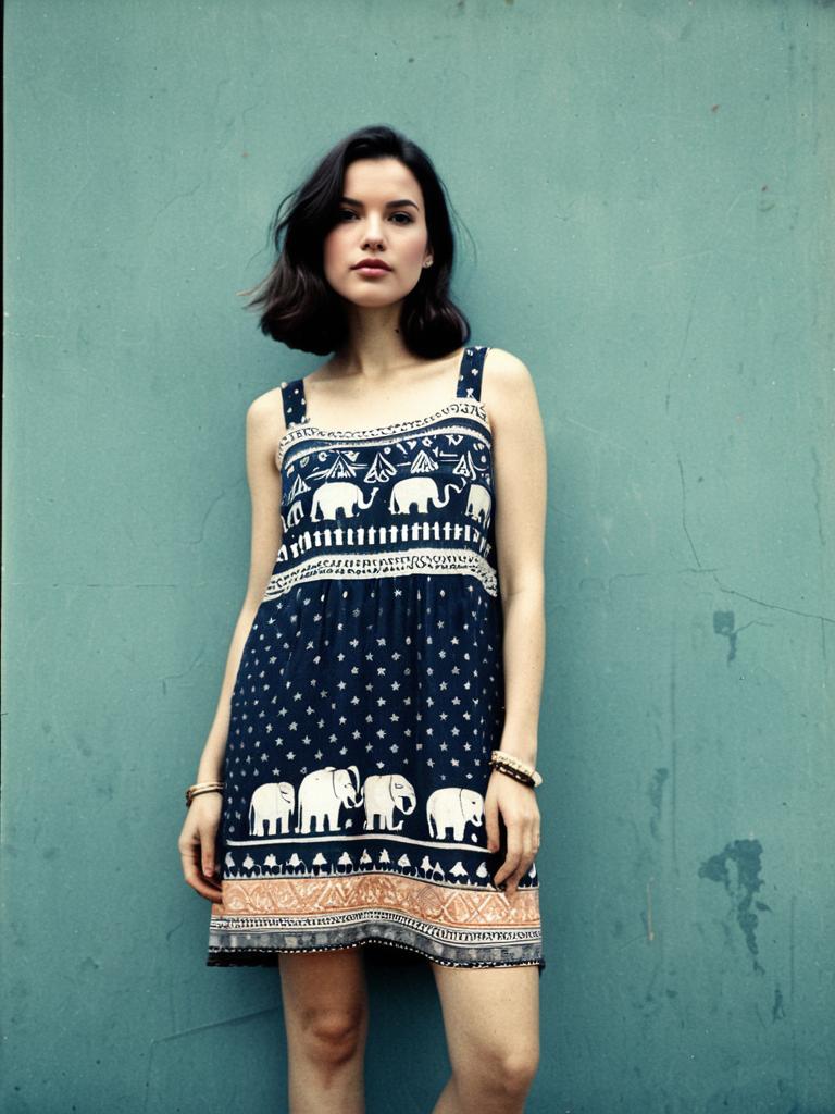 Woman Wearing Navy Blue Bohemian Sleeveless Dress with White Elephant Print