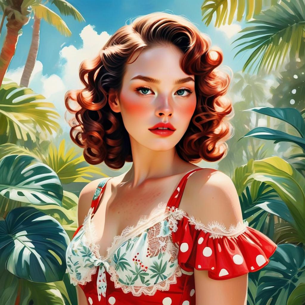 Vintage Pin-Up Woman with Curly Red Hair in Tropical Setting Vintage Pin-Up Woman with Curly Red Hair in Tropical Setting
