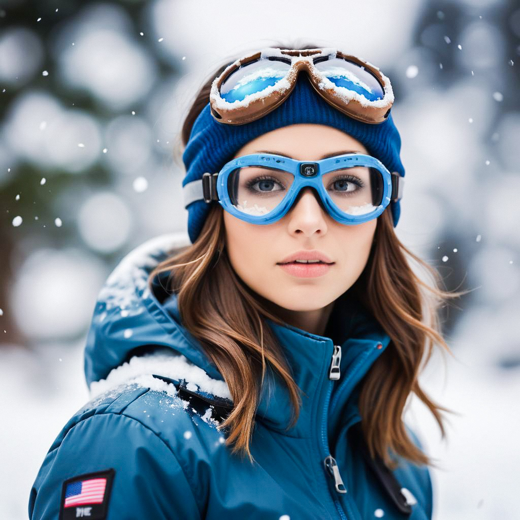 Woman in Blue Winter Jacket with Snow Goggles
