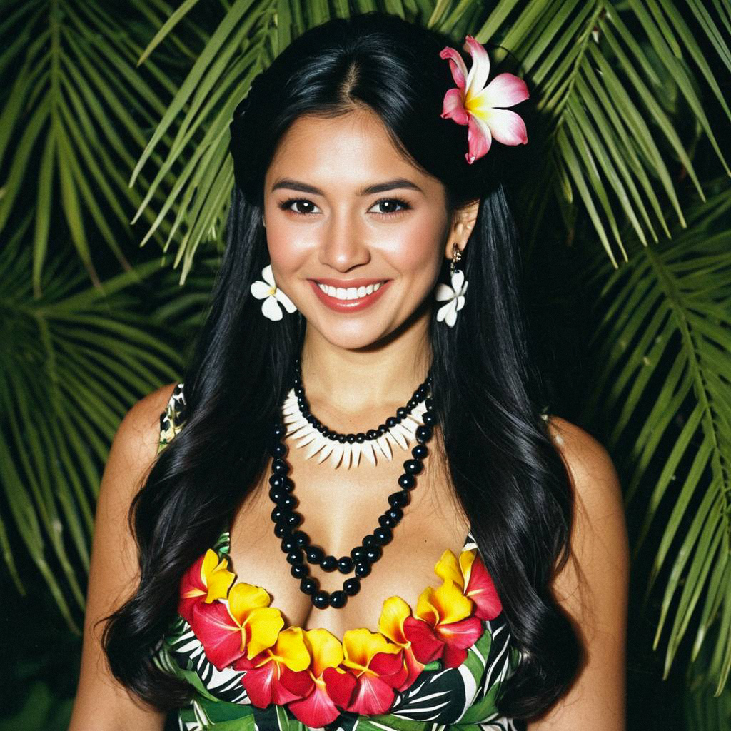 Cheerful Woman in Luau Costume with Floral Lei Cheerful Woman in Luau Costume with Floral Lei