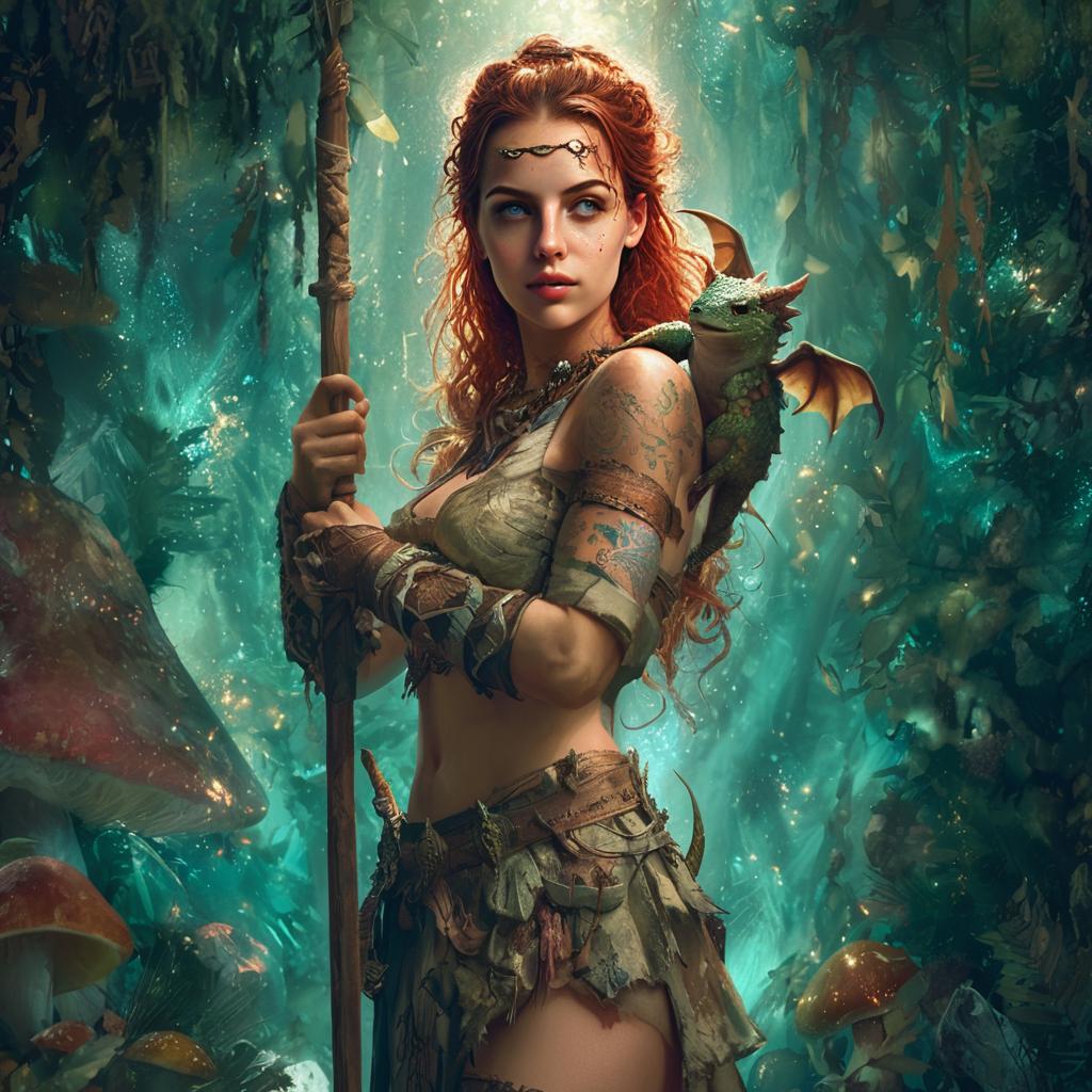 Red-Haired Fantasy Woman Warrior with Dragon in Enchanted Forest