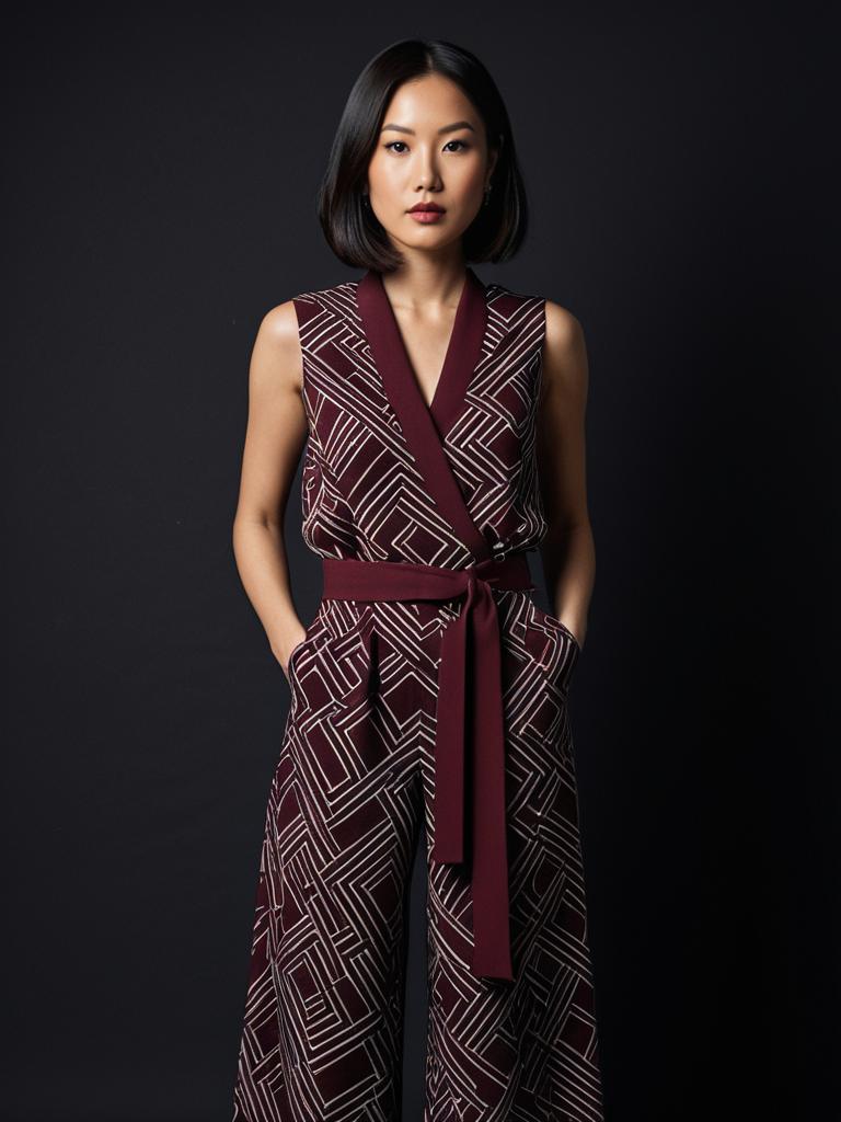 Confident Woman in Maroon Geometric Patterned Jumpsuit Studio Portrait