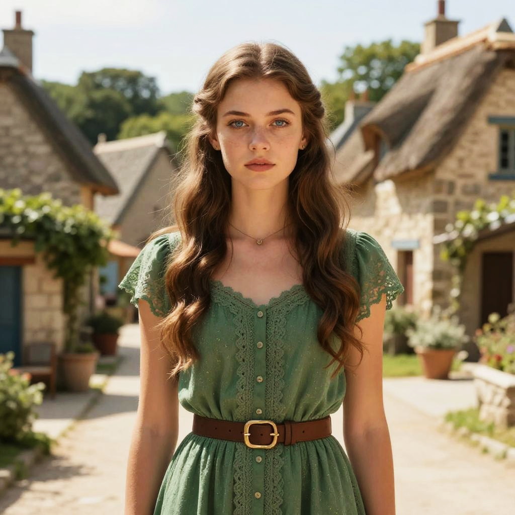 Young Woman in Vintage Green Dress Standing in Vintage Village Street