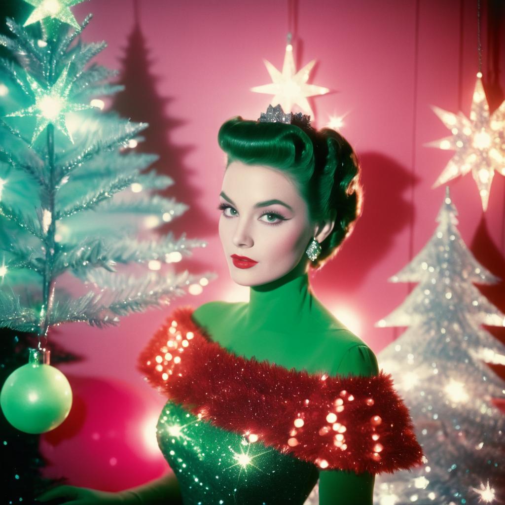 Woman in Green Gown Against Pink Backdrop - Holiday Spirit