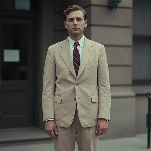 Man in Tan Suit with Beige Trousers Standing Outside Building