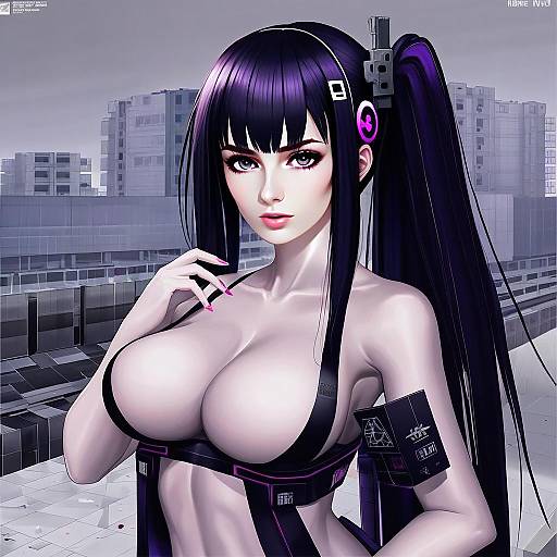 Cyberpunk Anime Woman with Long Purple Hair in Urban Setting