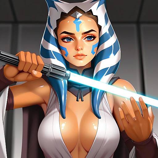 Futuristic Woman with Blue Lightsaber Digital Art Inspired by Star Wars