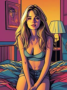 Stylized Woman on Bed in Modern Room