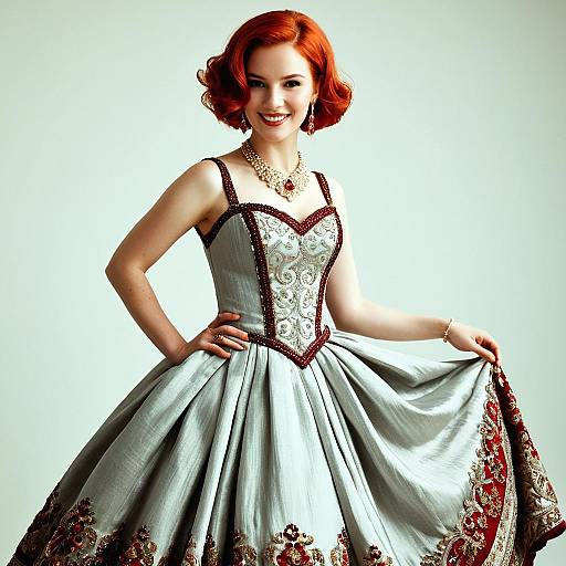 Elegant Red-Haired Woman in Embroidered Vintage Ball Gown