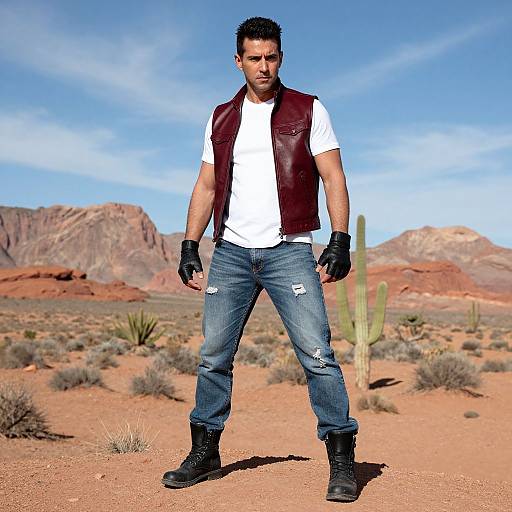 Man in Maroon Leather Vest and Distressed Jeans in Desert Landscape