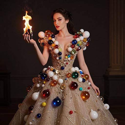 Elegant Woman in Avant-Garde Ornamented Ball Gown Holding Fire