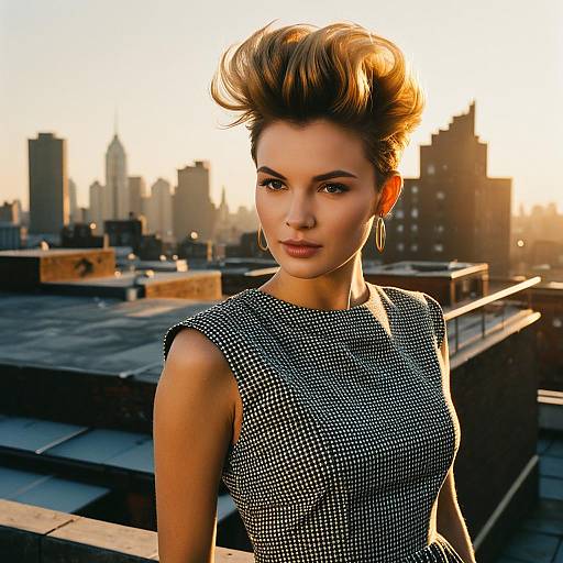 Stylish Young Woman with Voluminous Hair on Rooftop Urban Sunset