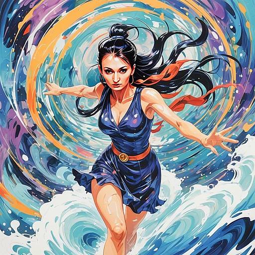Dynamic Fantasy Illustration of Woman in Blue Dress with Swirling Water