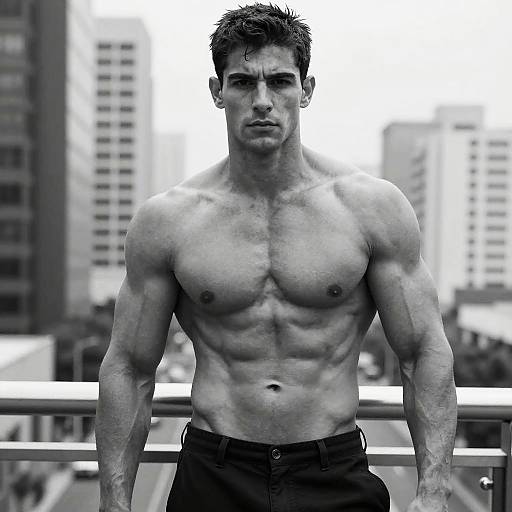 Muscular Man with Defined Physique on Urban Balcony Black and White