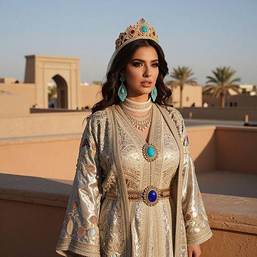 Elegant Woman in Traditional Embroidered Kaftan with Jeweled Crown Outdoors