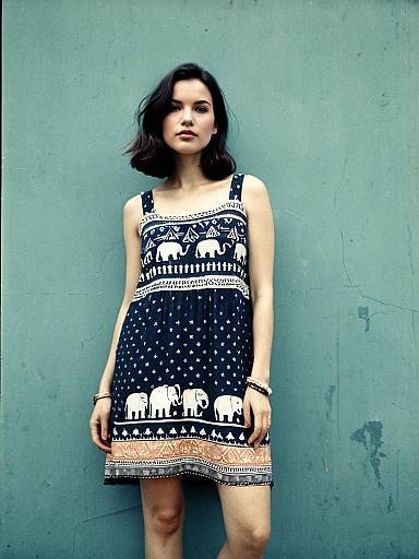 Woman Wearing Navy Blue Bohemian Sleeveless Dress with White Elephant Print