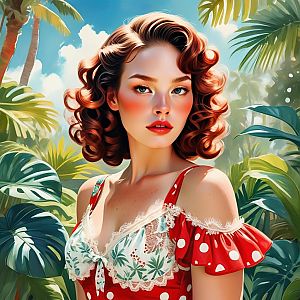 Vintage Pin-Up Woman with Curly Red Hair in Tropical Setting