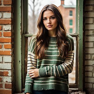 Young woman in a cozy sweater by a window