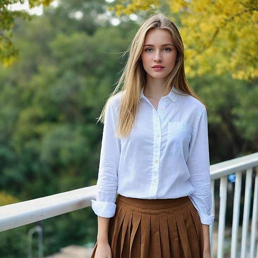 Young Woman in White Shirt and Brown Skirt Outdoors