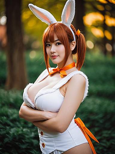Woman in White Bunny Costume with Orange Ribbons Outdoors