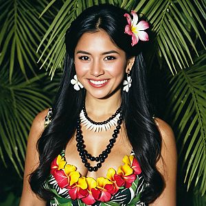 Cheerful Woman in Luau Costume with Floral Lei