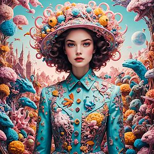 Woman in Fantasy Landscape with Surreal Flora and Fauna