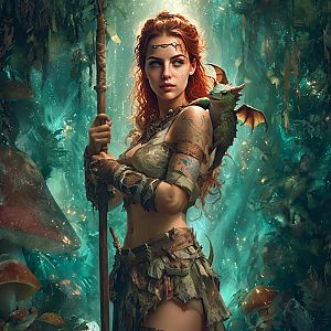 Red-Haired Fantasy Woman Warrior with Dragon in Enchanted Forest