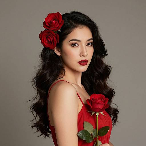 Elegant Woman with Red Roses and Matching Dress Studio Portrait