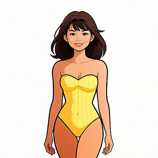 Woman with Pretty Face and Hair Wearing Yellow Swimsuit Minimalist Illustration