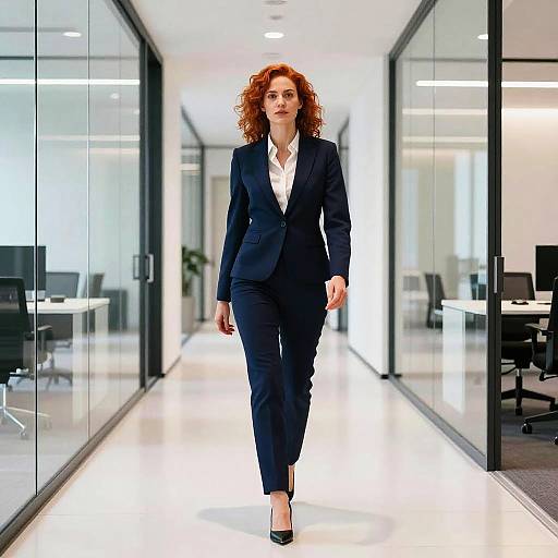 Confident Businesswoman Walking in Modern Office Corridor in Navy Blue Suit