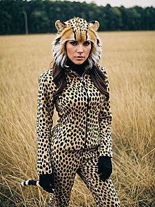 Woman in Realistic Cheetah Cosplay Costume Standing in Field