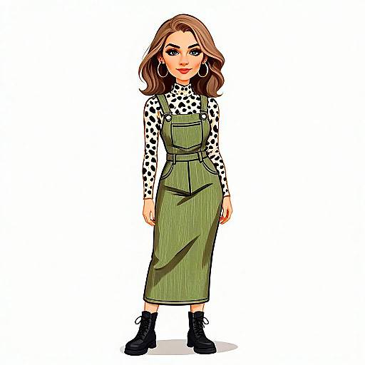 Urban Chic Woman in Leopard Print Top and Olive Green Pinafore Dress
