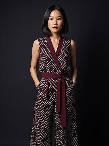Confident Woman in Maroon Geometric Patterned Jumpsuit Studio Portrait