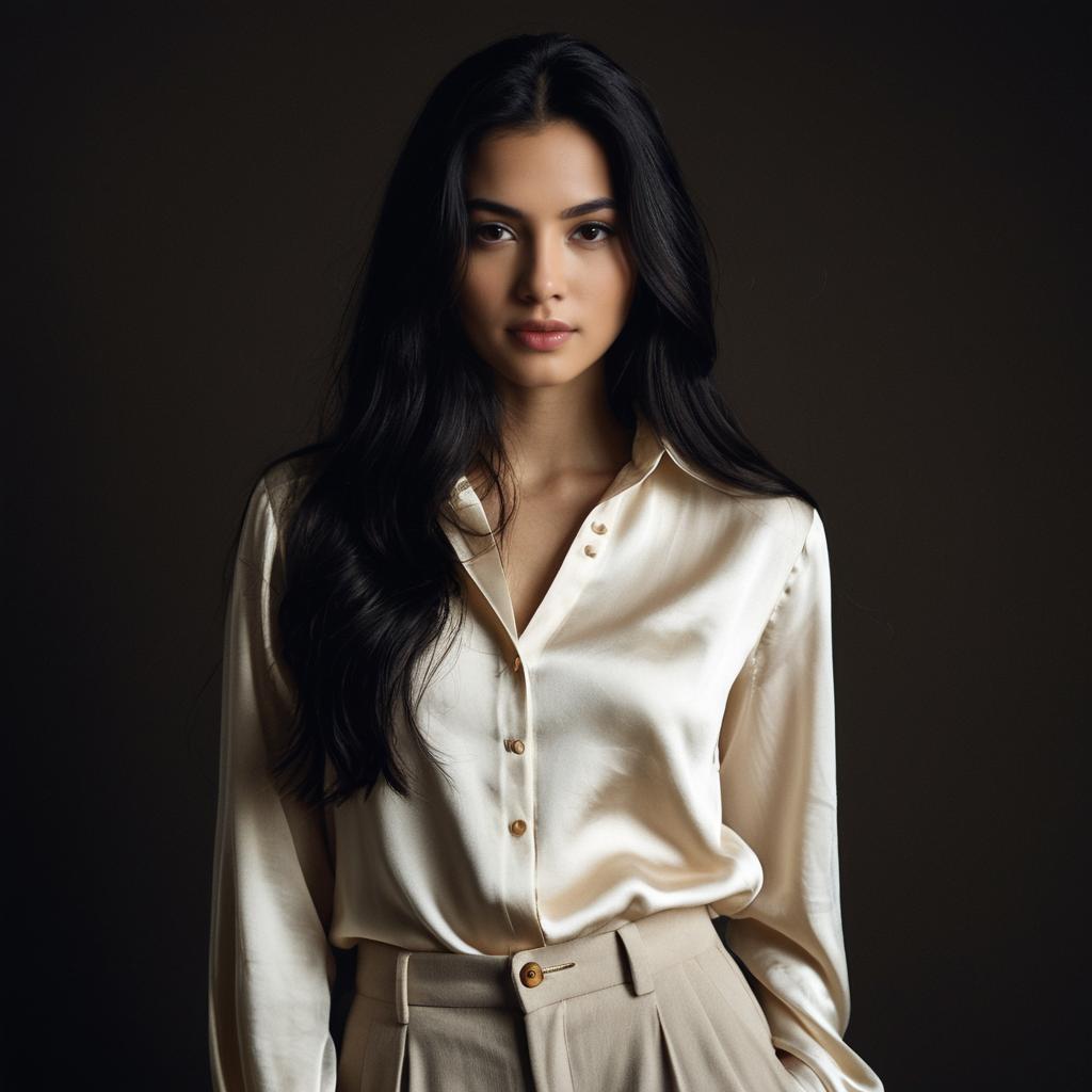 Elegant Young Woman in Satin Blouse and Beige Pants Portrait