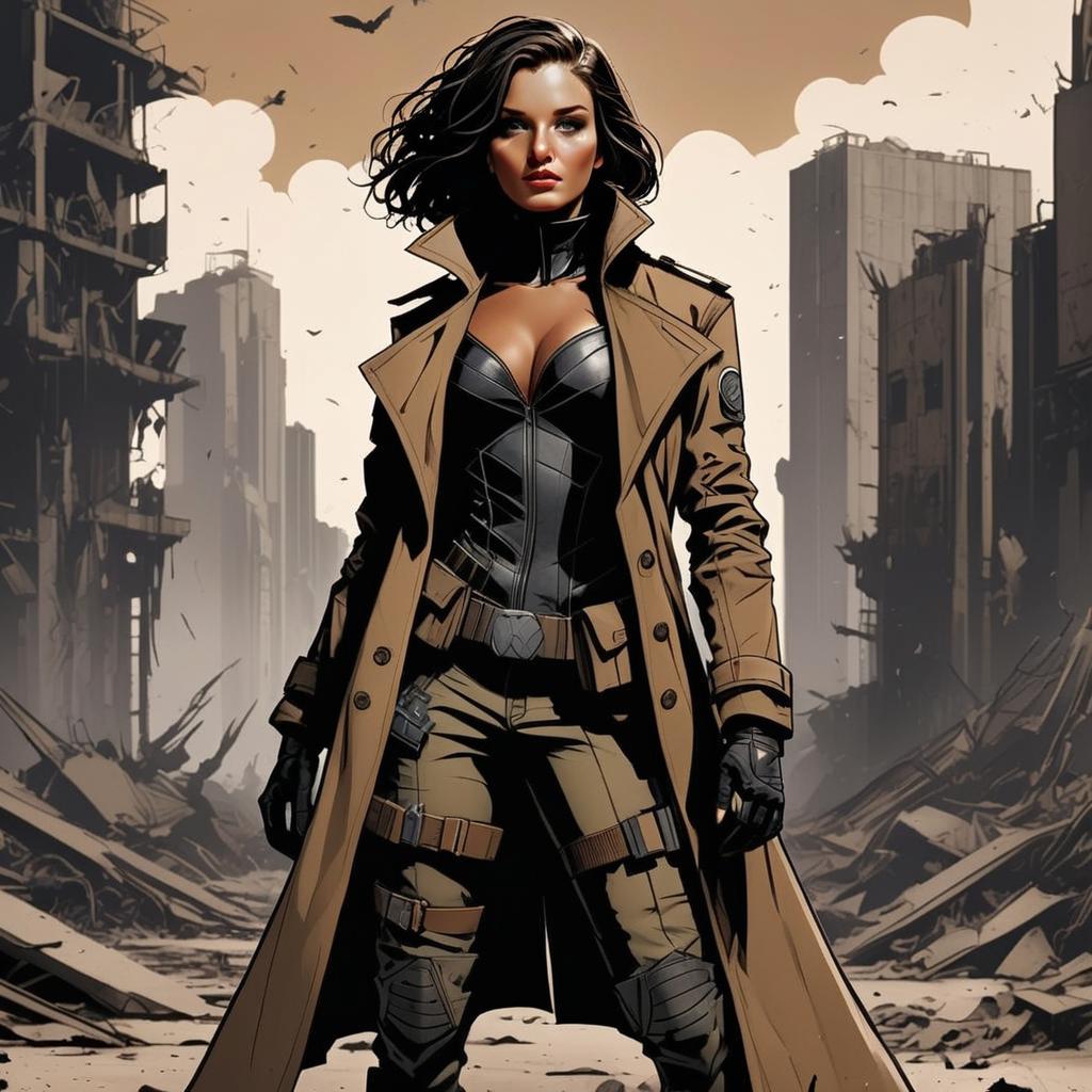 Confident Woman in Tactical Outfit in Ruined Urban Landscape Confident Woman in Tactical Outfit in Ruined Urban Landscape