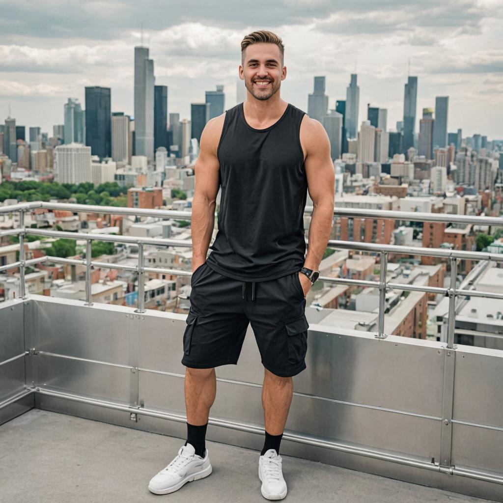 Fit Man in Athletic Wear on Rooftop with City Skyline