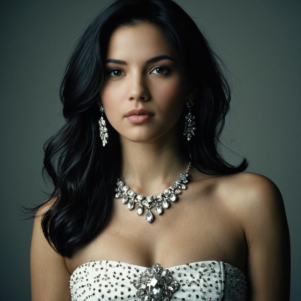 Elegant Woman with Dark Hair Wearing Statement Jewelry and Bejeweled Dress