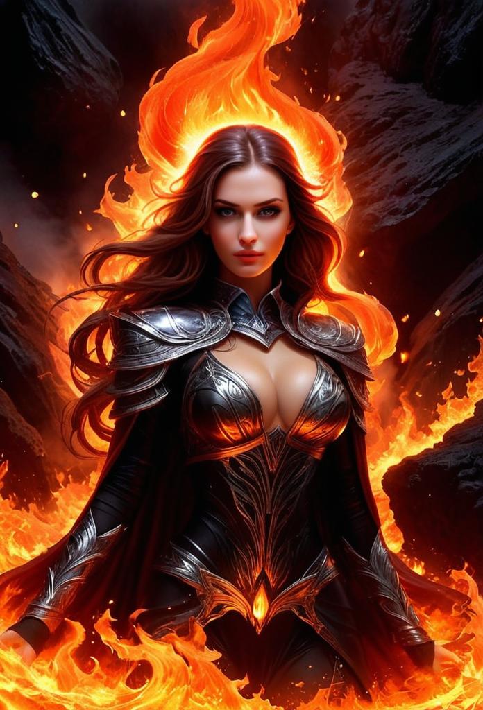 Fiery Female Warrior in Dark Armor Fantasy Digital Art