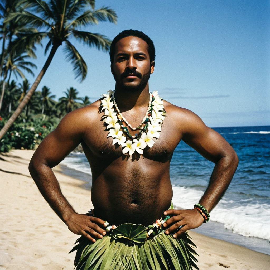 Muscular Man in Hawaiian Attire on Beach Muscular Man in Hawaiian Attire on Beach