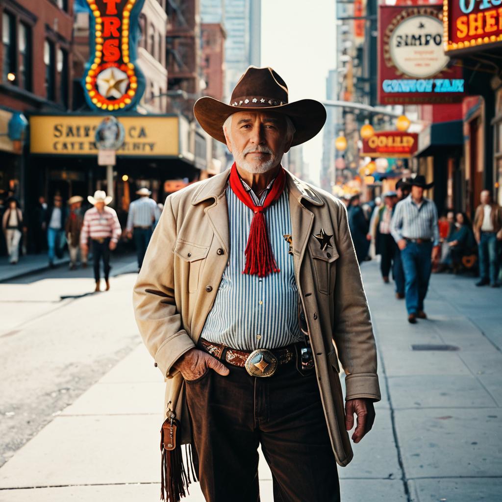 Classic Cowboy in Western Attire Standing on Bustling City Street Classic Cowboy in Western Attire Standing on Bustling City Street