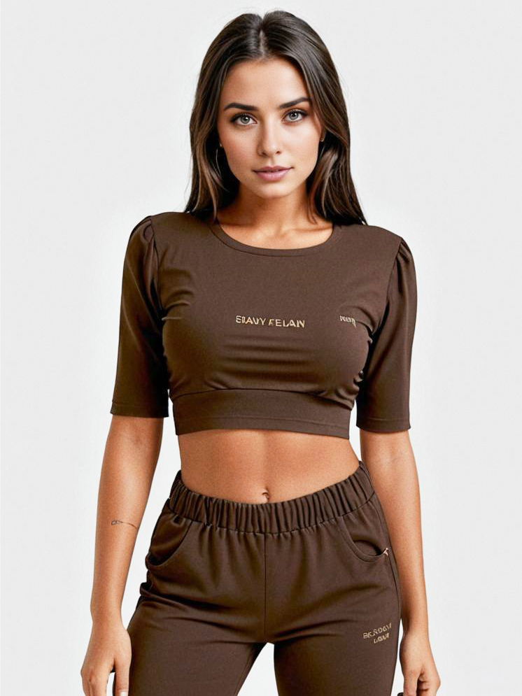 Trendy Brown Workout Set with Cropped Top and High-Waisted Pants